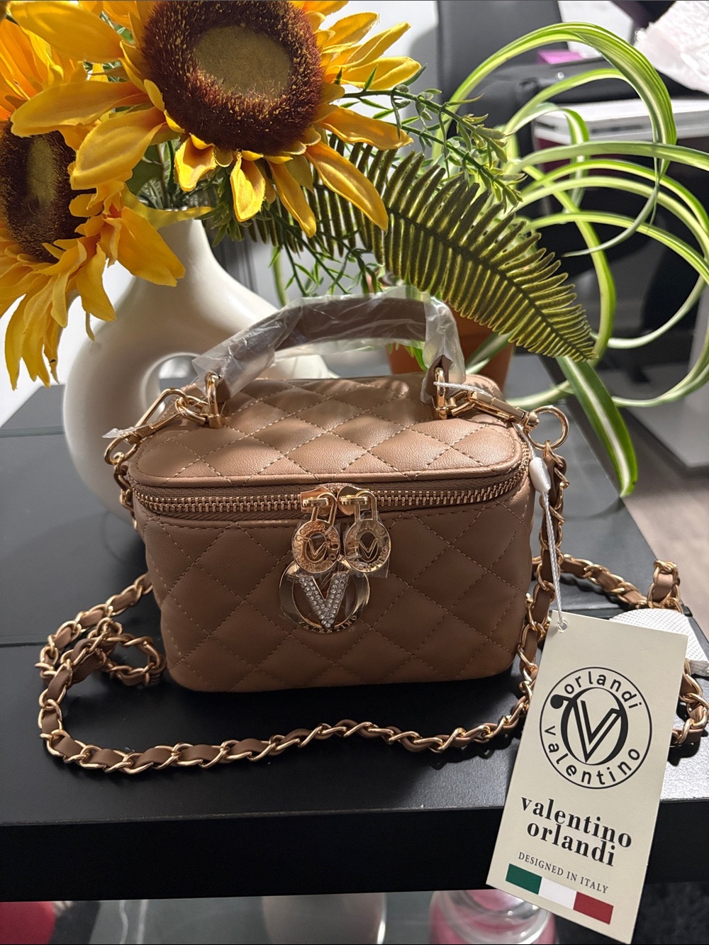Valentino Orlandi Quilted Leather Crossbody in Taupe Brown with Gold Hardware